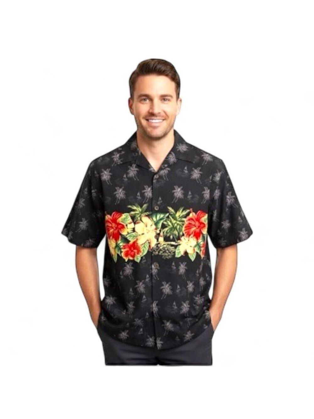 Hilo Hattie Men's Black Hawaiian Aloha Shirt Large 100% Cotton